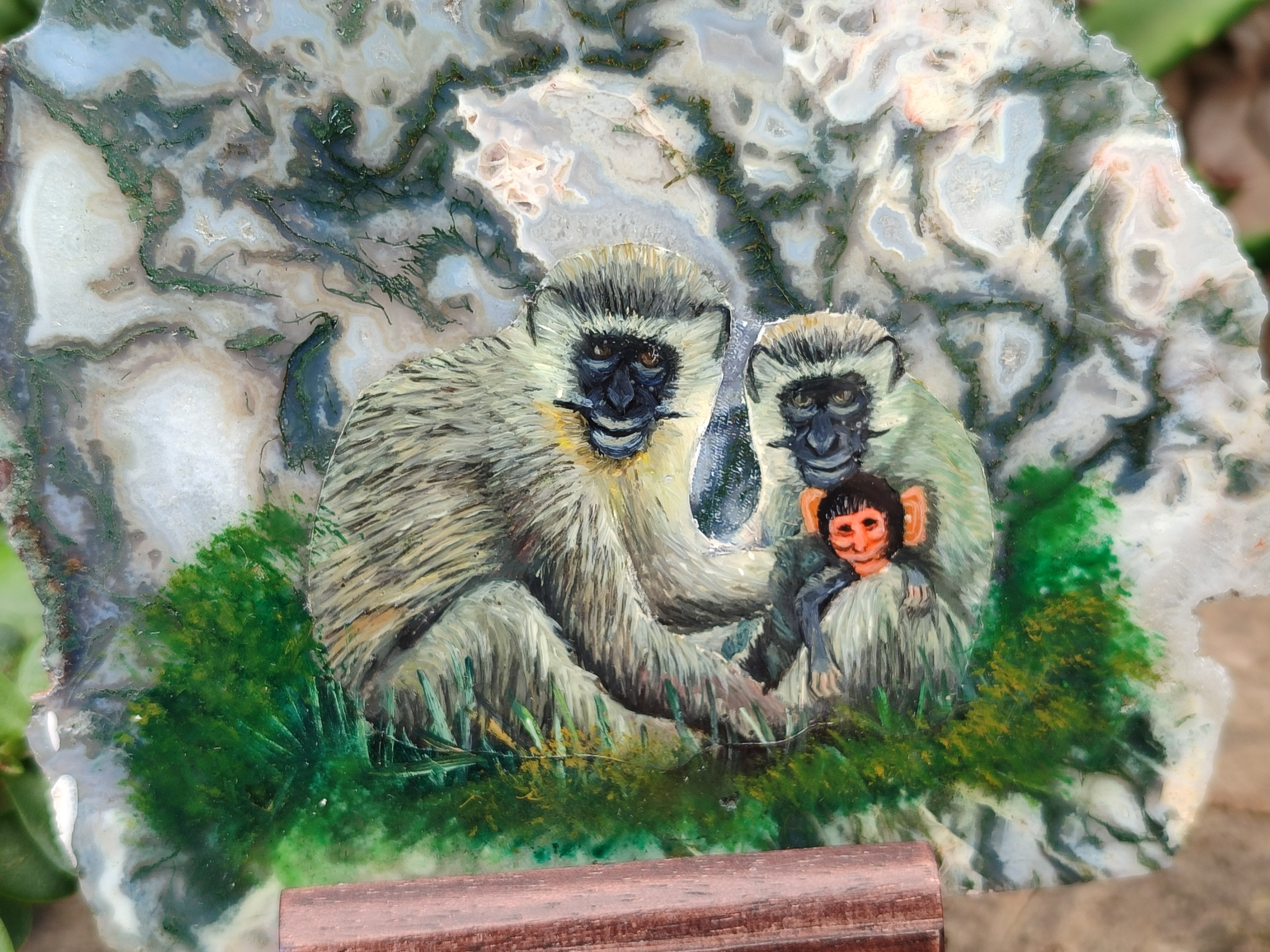 Hand Made Vervet Monkey Family Decoupage on Moss Agate Stone Slabs - sold per item - From South Africa - Toprock Gemstones and Minerals 