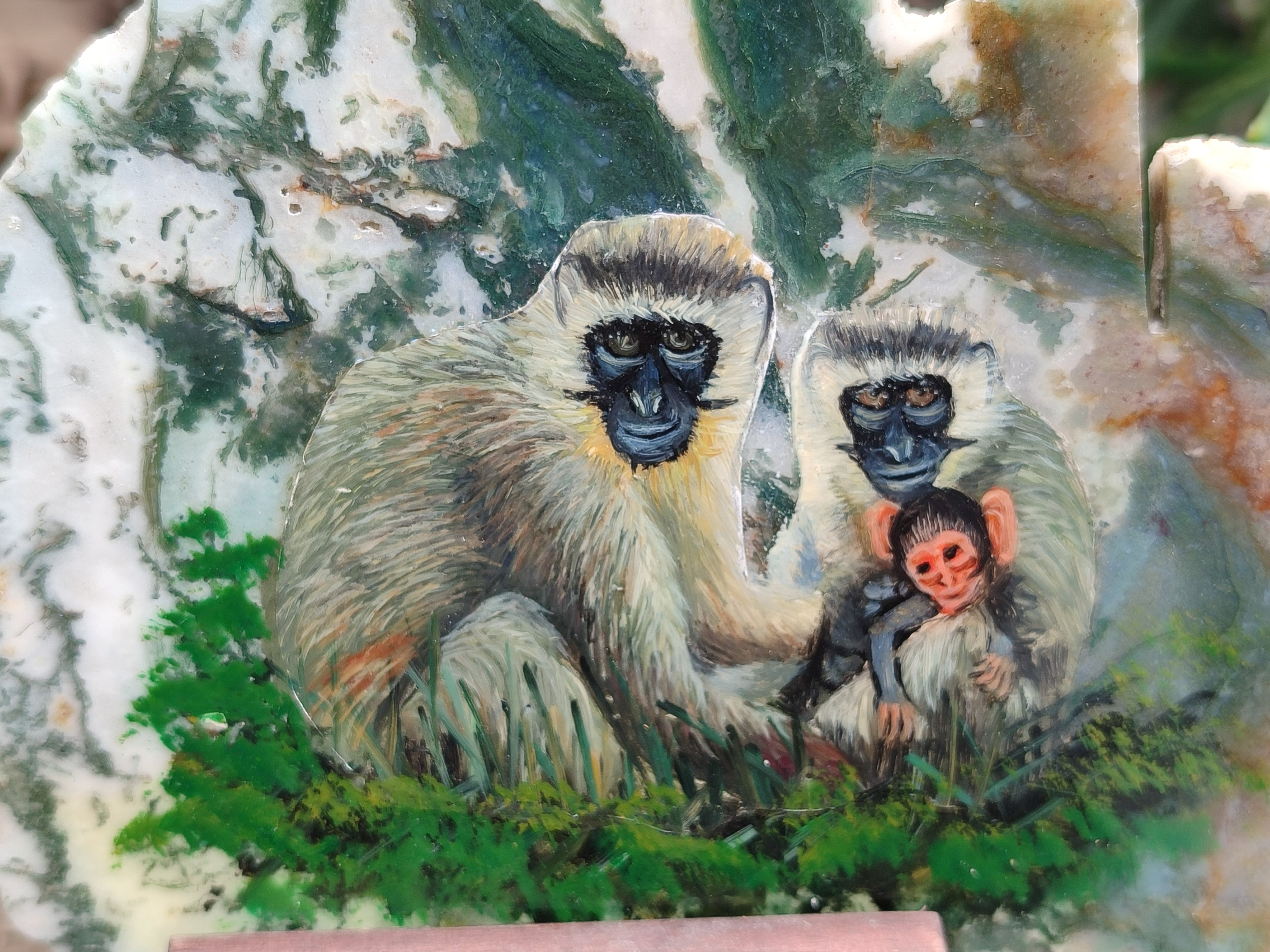 Hand Made Vervet Monkey Family Decoupage on Moss Agate Stone Slabs - sold per item - From South Africa - Toprock Gemstones and Minerals 