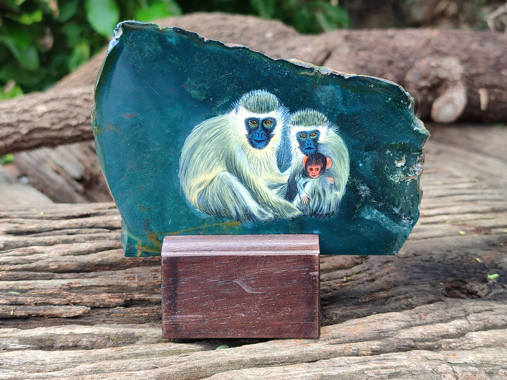 Hand Made Vervet Monkey Family Decoupage on Moss Agate Stone Slabs - sold per item - From South Africa - Toprock Gemstones and Minerals 