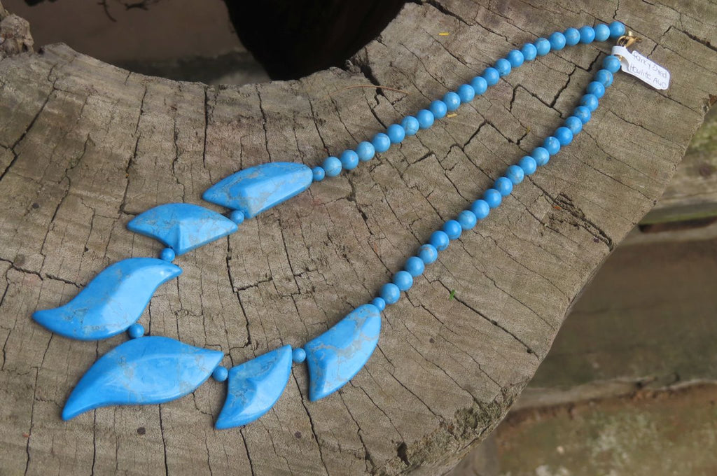 Polished Blue Turquenite - Howlite Fancy Leaf Necklace - Sold Per Pair - From Zimbabwe - Toprock Gemstones and Minerals 