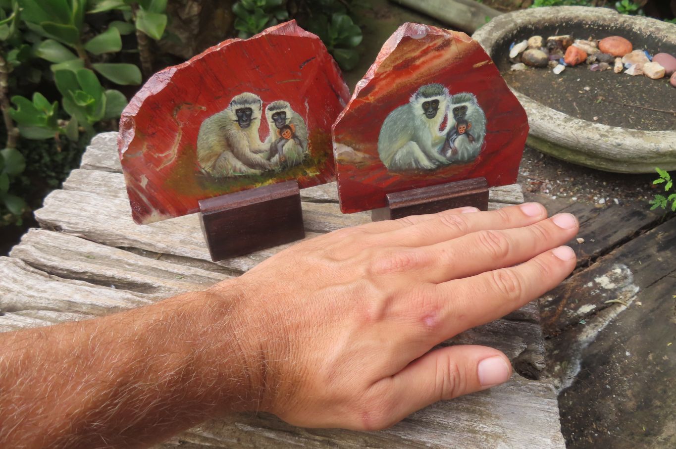 Hand Made Vervet Monkey Family Decoupage on Red Jasper Stone Slabs - sold per item - From South Africa - Toprock Gemstones and Minerals 