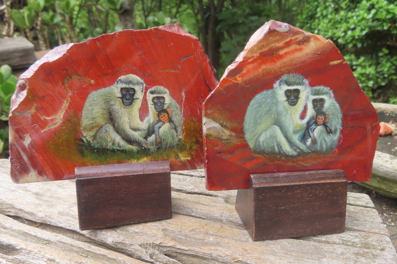 Hand Made Vervet Monkey Family Decoupage on Red Jasper Stone Slabs - sold per item - From South Africa - Toprock Gemstones and Minerals 