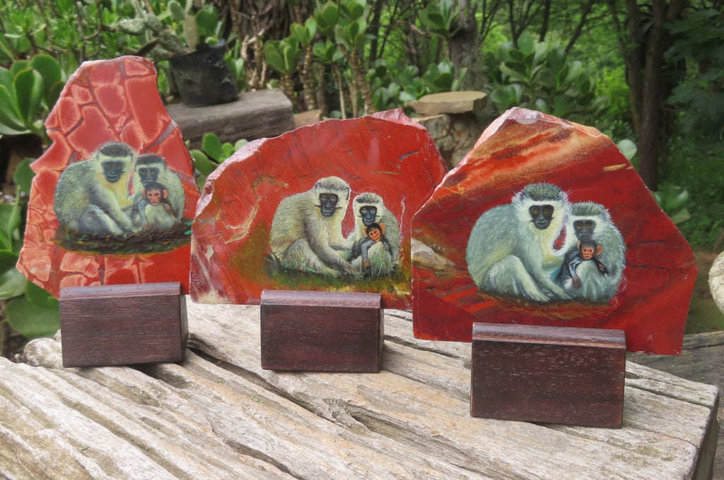 Hand Made Vervet Monkey Family Decoupage on Red Jasper Stone Slabs - sold per item - From South Africa - Toprock Gemstones and Minerals 