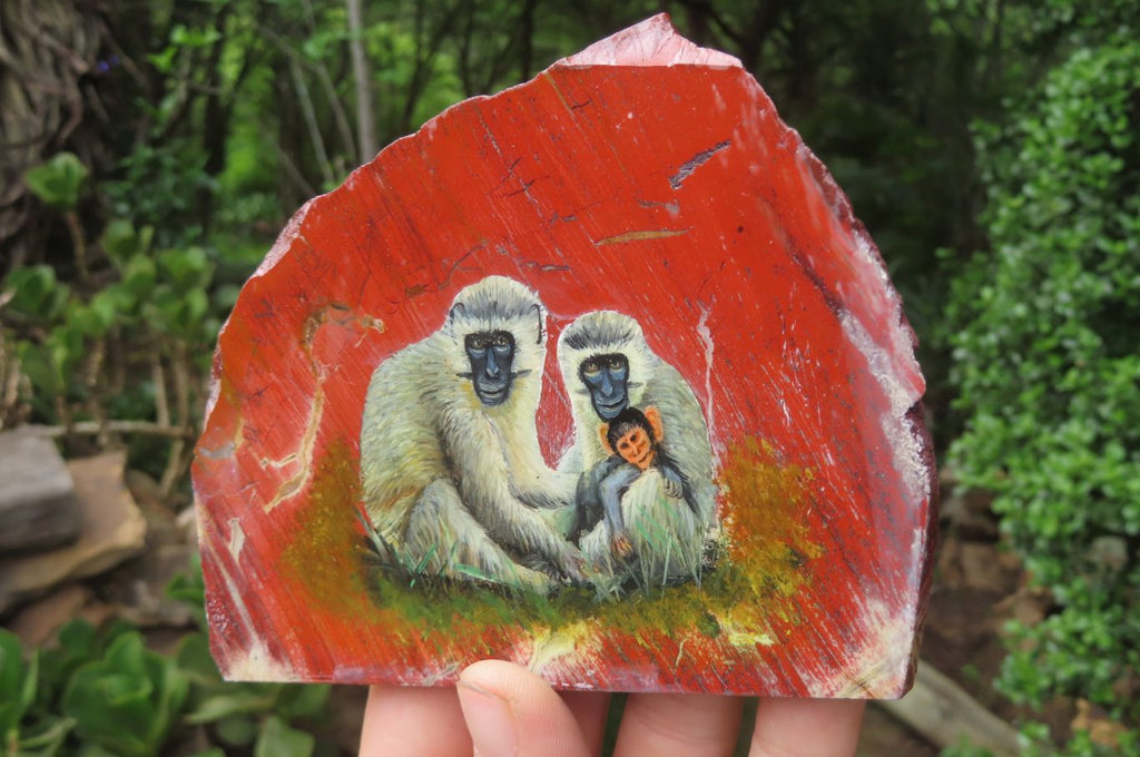 Hand Made Vervet Monkey Family Decoupage on Red Jasper Stone Slabs - sold per item - From South Africa - Toprock Gemstones and Minerals 