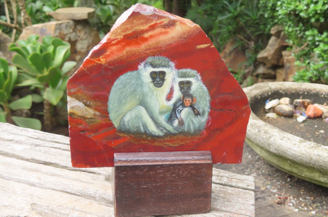 Hand Made Vervet Monkey Family Decoupage on Red Jasper Stone Slabs - sold per item - From South Africa - Toprock Gemstones and Minerals 