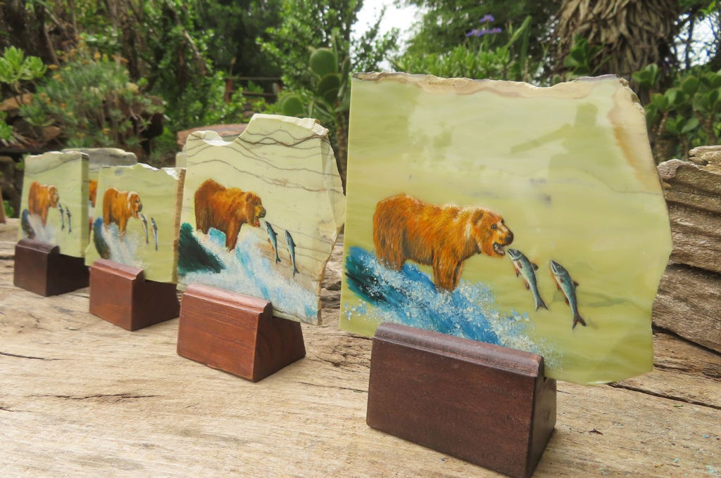 Hand Made Bear and Salmon Decoupage on Butter Jade Stone Slabs - sold per item - From South Africa - Toprock Gemstones and Minerals 