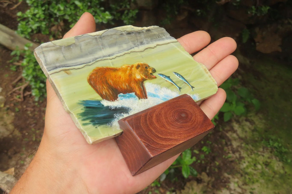 Hand Made Bear and Salmon Decoupage on Butter Jade Stone Slabs - sold per item - From South Africa - Toprock Gemstones and Minerals 