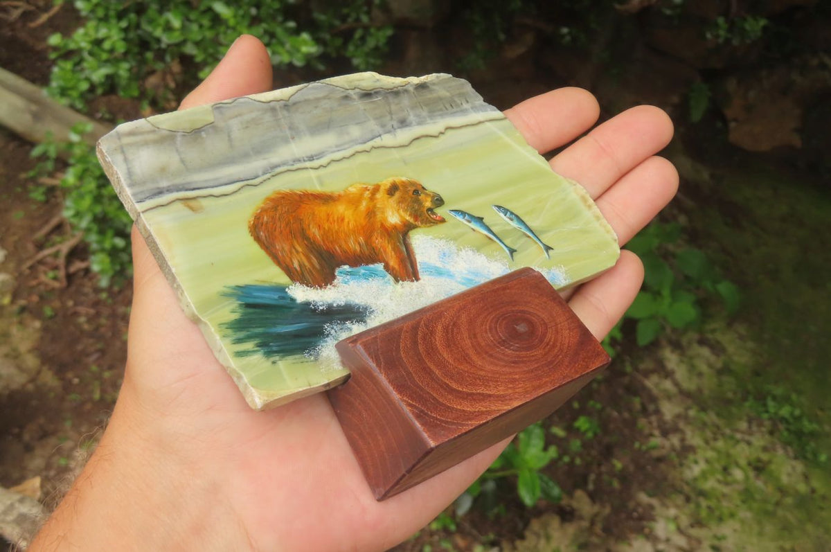 Hand Made Bear and Salmon Decoupage on Butter Jade Stone Slabs - sold per item - From South Africa - Toprock Gemstones and Minerals 