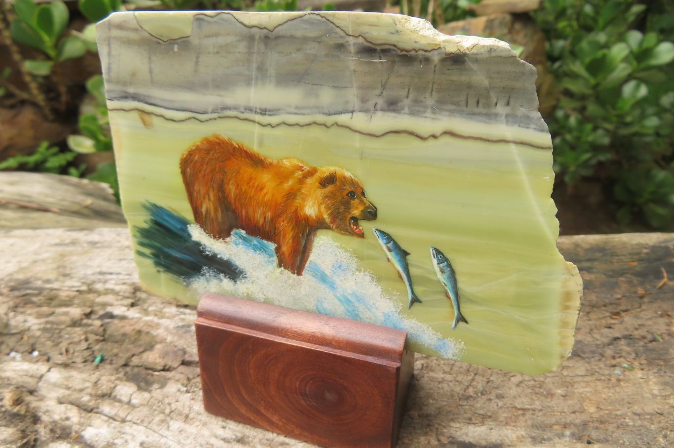Hand Made Bear and Salmon Decoupage on Butter Jade Stone Slabs - sold per item - From South Africa - Toprock Gemstones and Minerals 