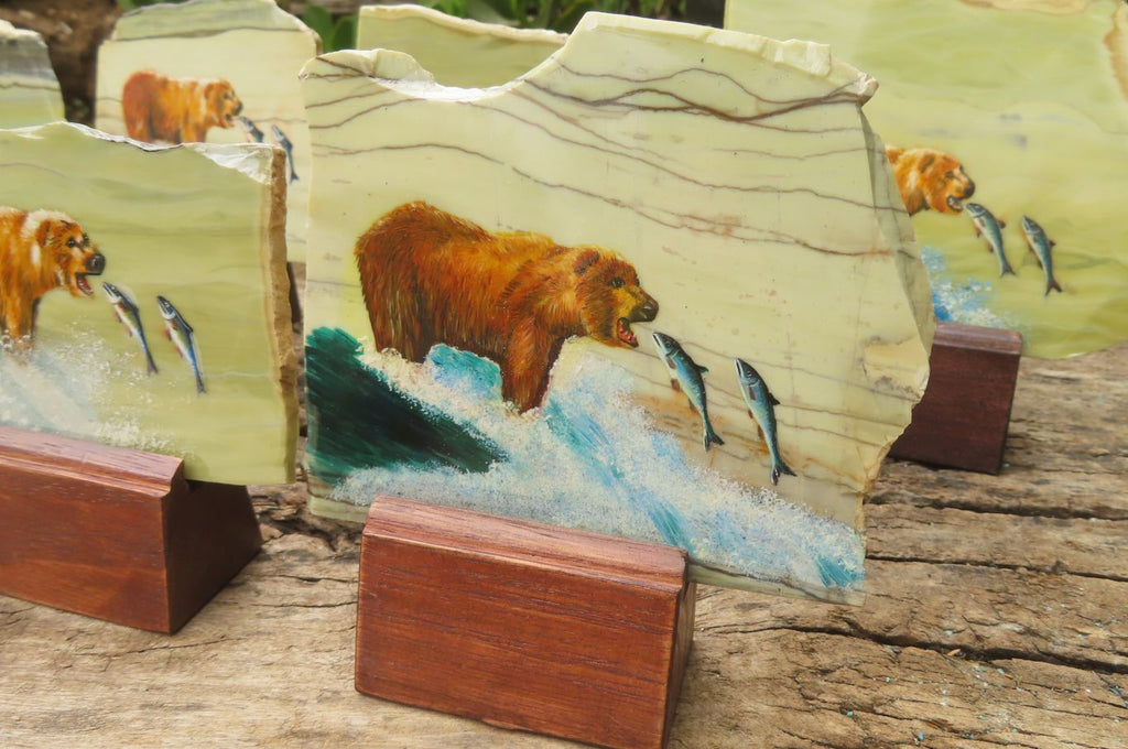 Hand Made Bear and Salmon Decoupage on Butter Jade Stone Slabs - sold per item - From South Africa - Toprock Gemstones and Minerals 