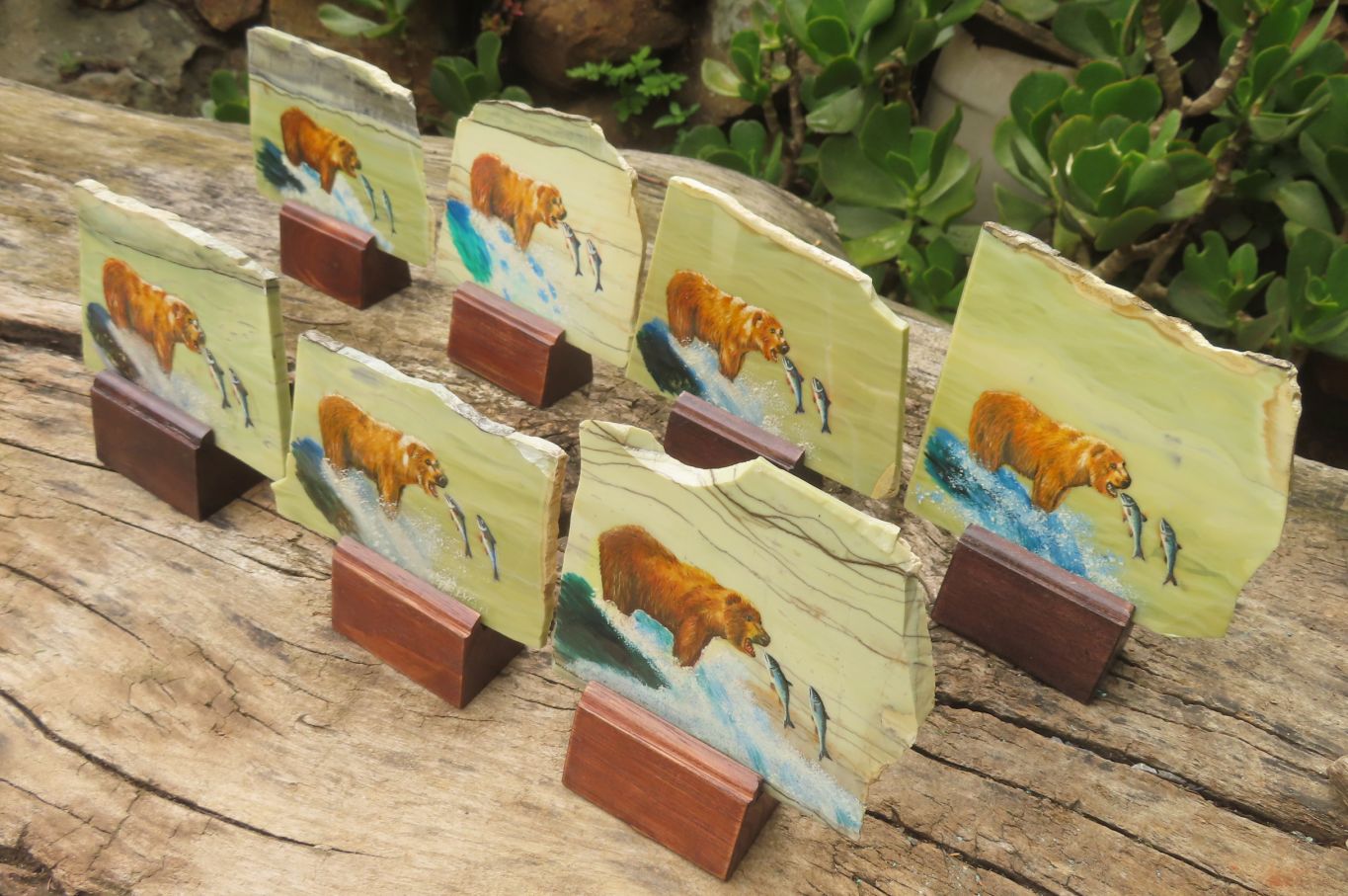 Hand Made Bear and Salmon Decoupage on Butter Jade Stone Slabs - sold per item - From South Africa - Toprock Gemstones and Minerals 