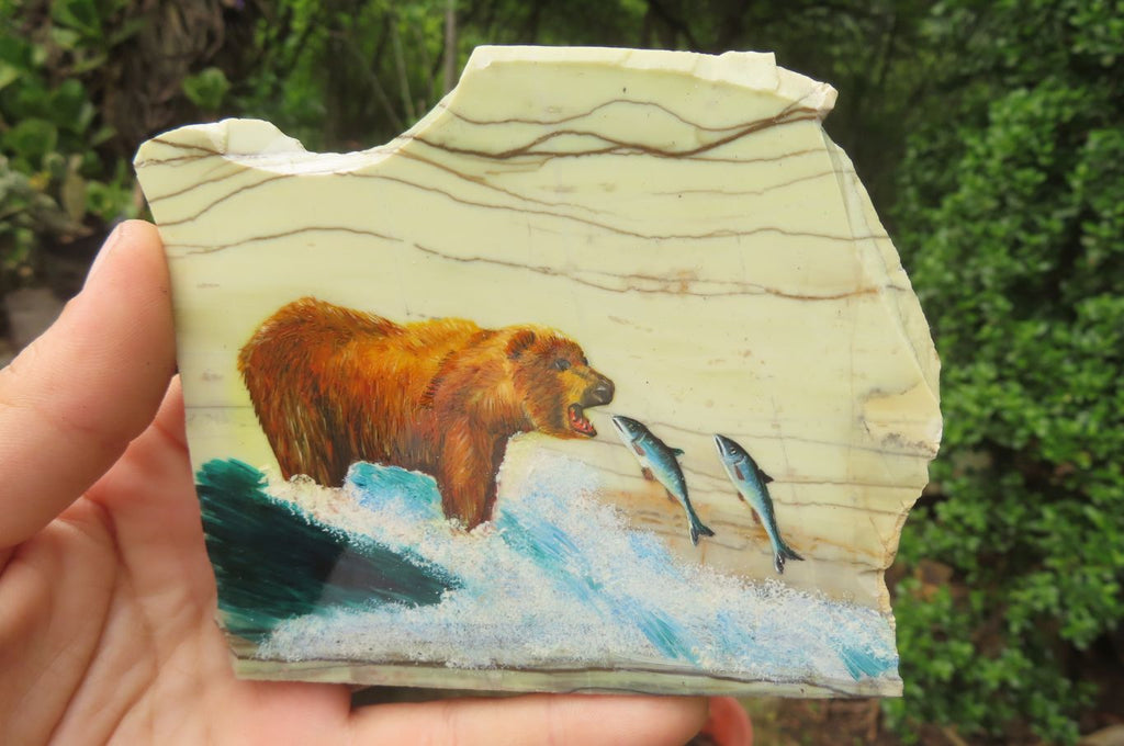 Hand Made Bear and Salmon Decoupage on Butter Jade Stone Slabs - sold per item - From South Africa - Toprock Gemstones and Minerals 