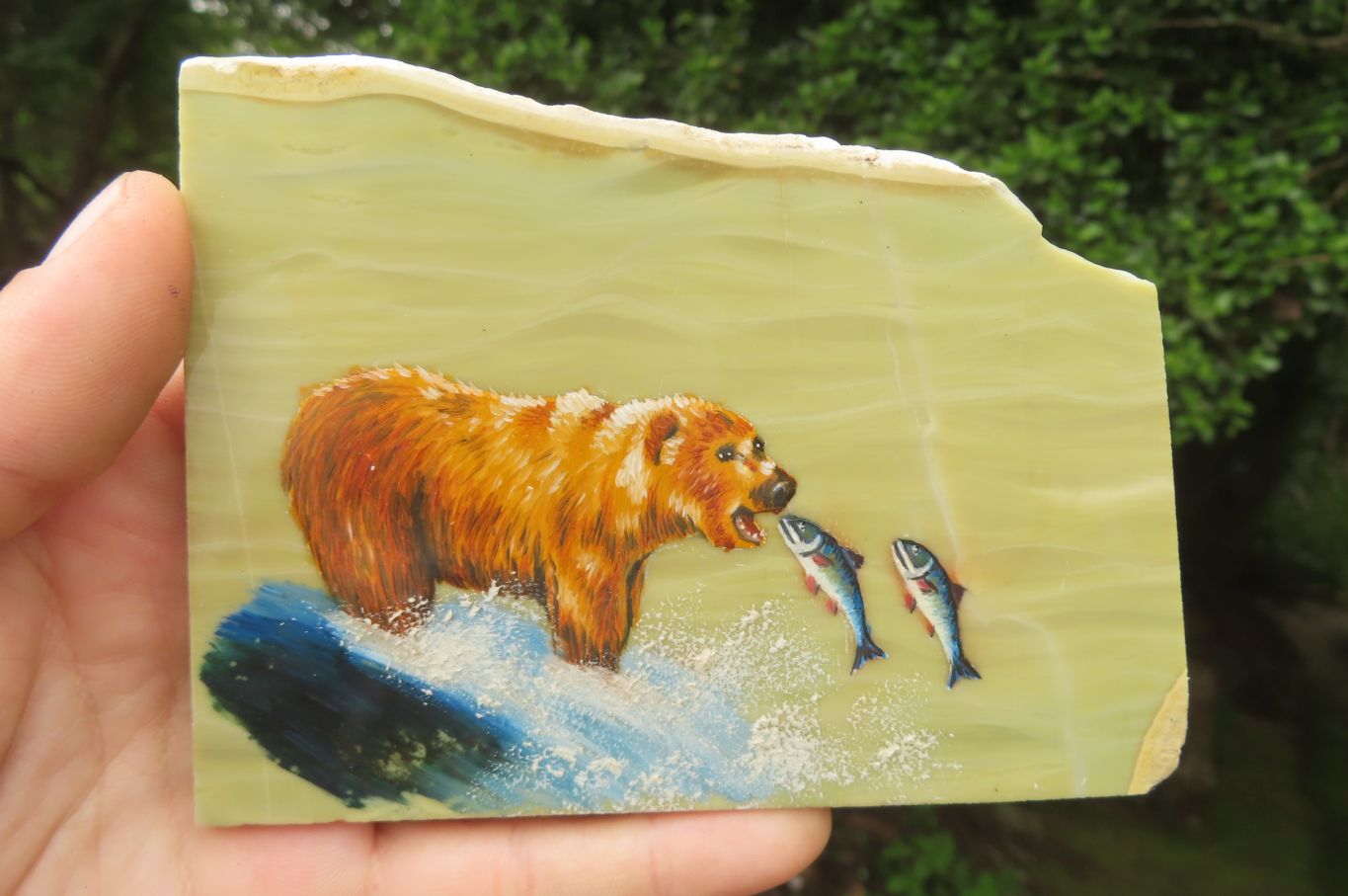 Hand Made Bear and Salmon Decoupage on Butter Jade Stone Slabs - sold per item - From South Africa - Toprock Gemstones and Minerals 