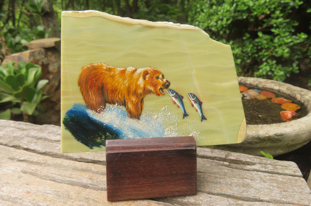Hand Made Bear and Salmon Decoupage on Butter Jade Stone Slabs - sold per item - From South Africa - Toprock Gemstones and Minerals 