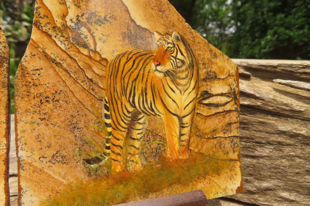Hand Made Tiger Decoupage on Picture Stone Jasper Stone Slabs - sold per item - From Namibia - Toprock Gemstones and Minerals 