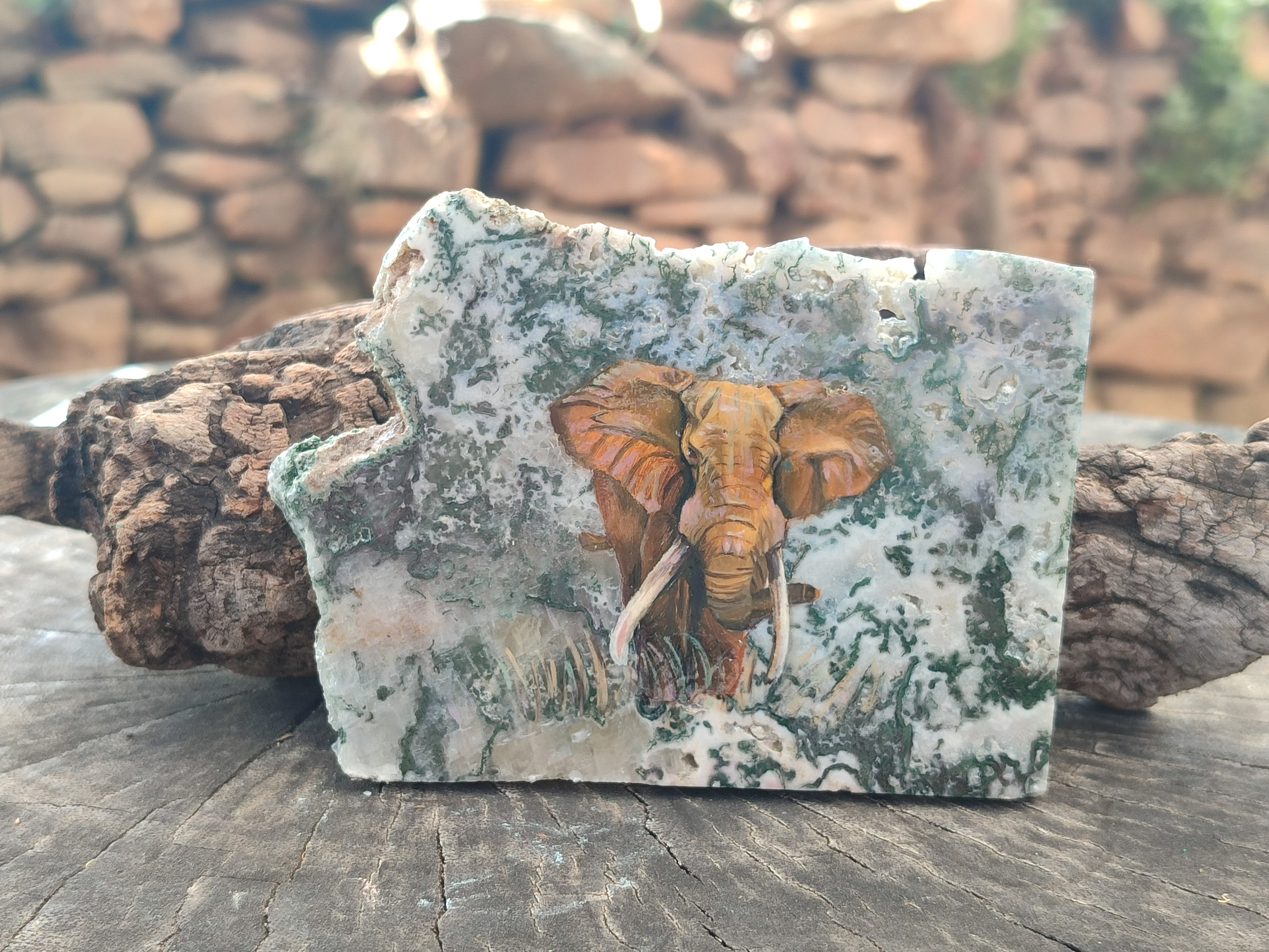 Hand Made Elephant Decoupage on Moss Agate Stone Slabs - Sold Per Item - From Mpumalanga, South Africa - Toprock Gemstones and Minerals 