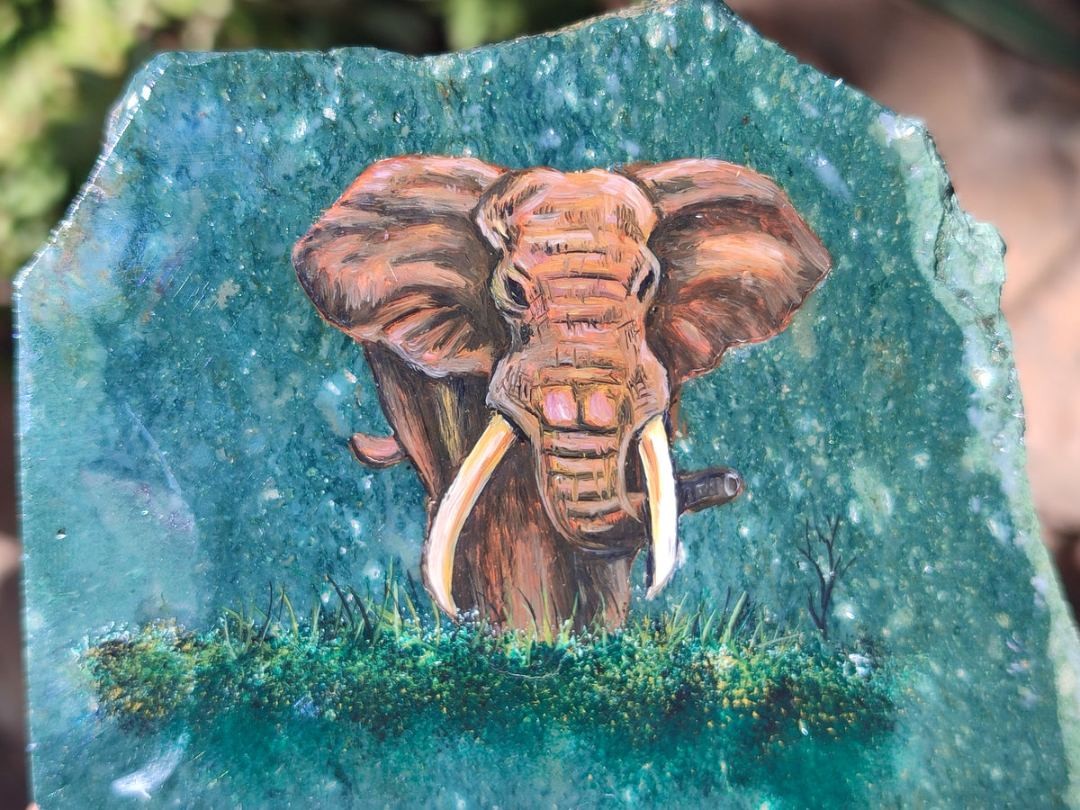 Hand Made Elephant Decoupage on Moss Agate Stone Slabs - Sold Per Item - From Mpumalanga, South Africa - Toprock Gemstones and Minerals 