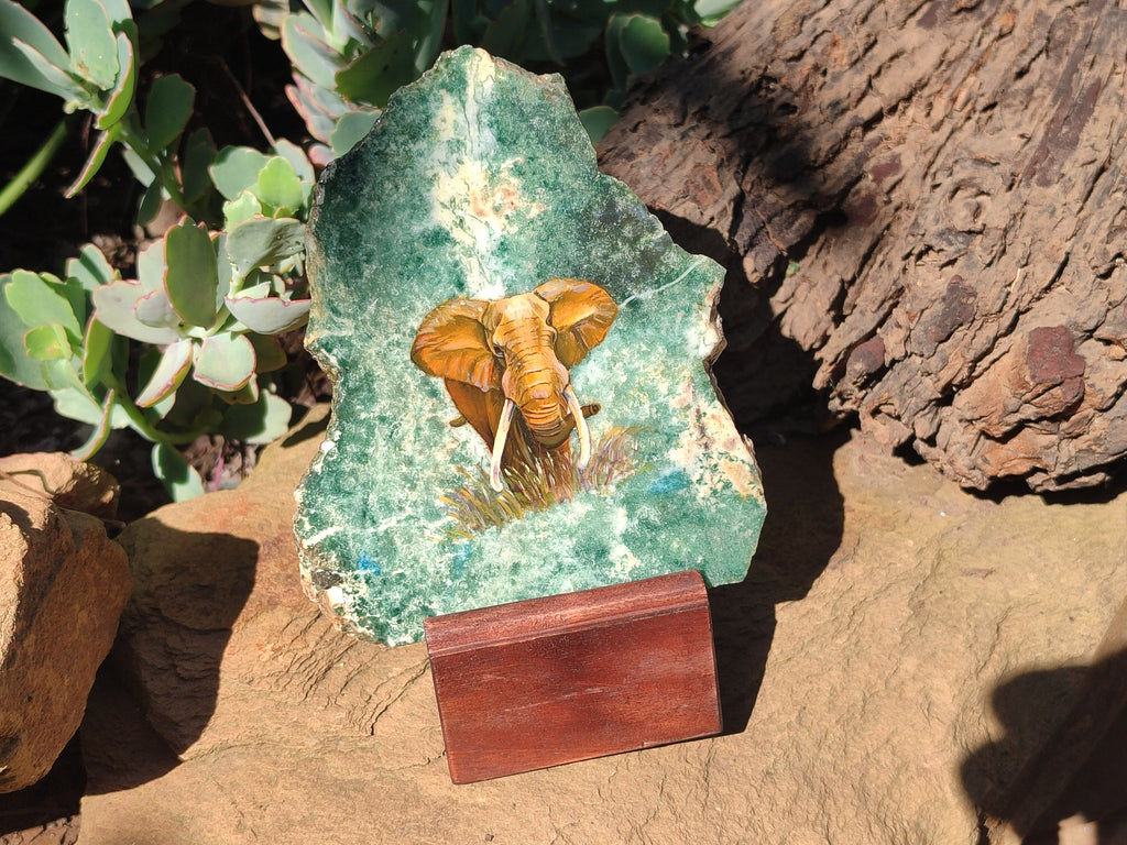 Hand Made Elephant Decoupage on Moss Agate Stone Slabs - Sold Per Item - From Mpumalanga, South Africa - Toprock Gemstones and Minerals 
