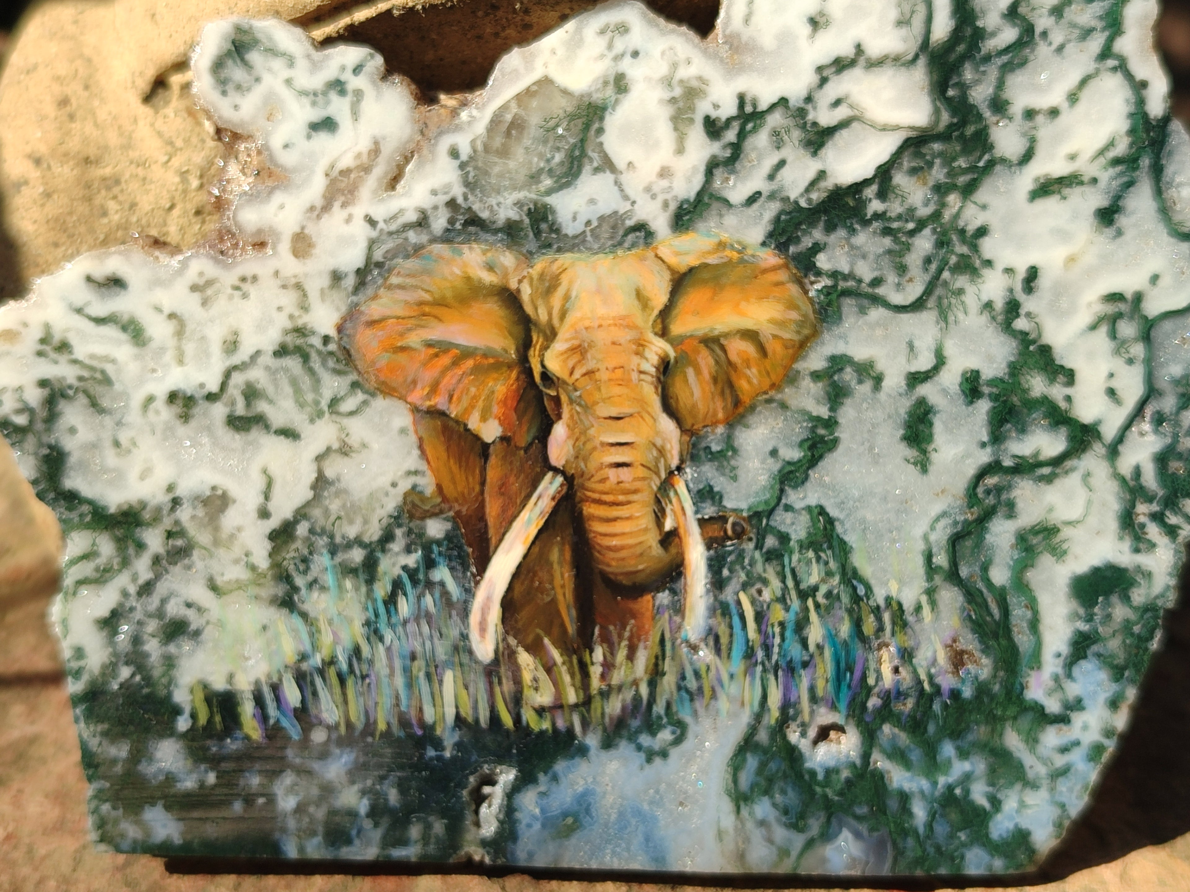 Hand Made Elephant Decoupage on Moss Agate Stone Slabs - Sold Per Item - From Mpumalanga, South Africa - Toprock Gemstones and Minerals 