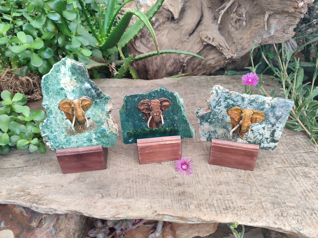 Hand Made Elephant Decoupage on Moss Agate Stone Slabs - Sold Per Item - From Mpumalanga, South Africa - Toprock Gemstones and Minerals 
