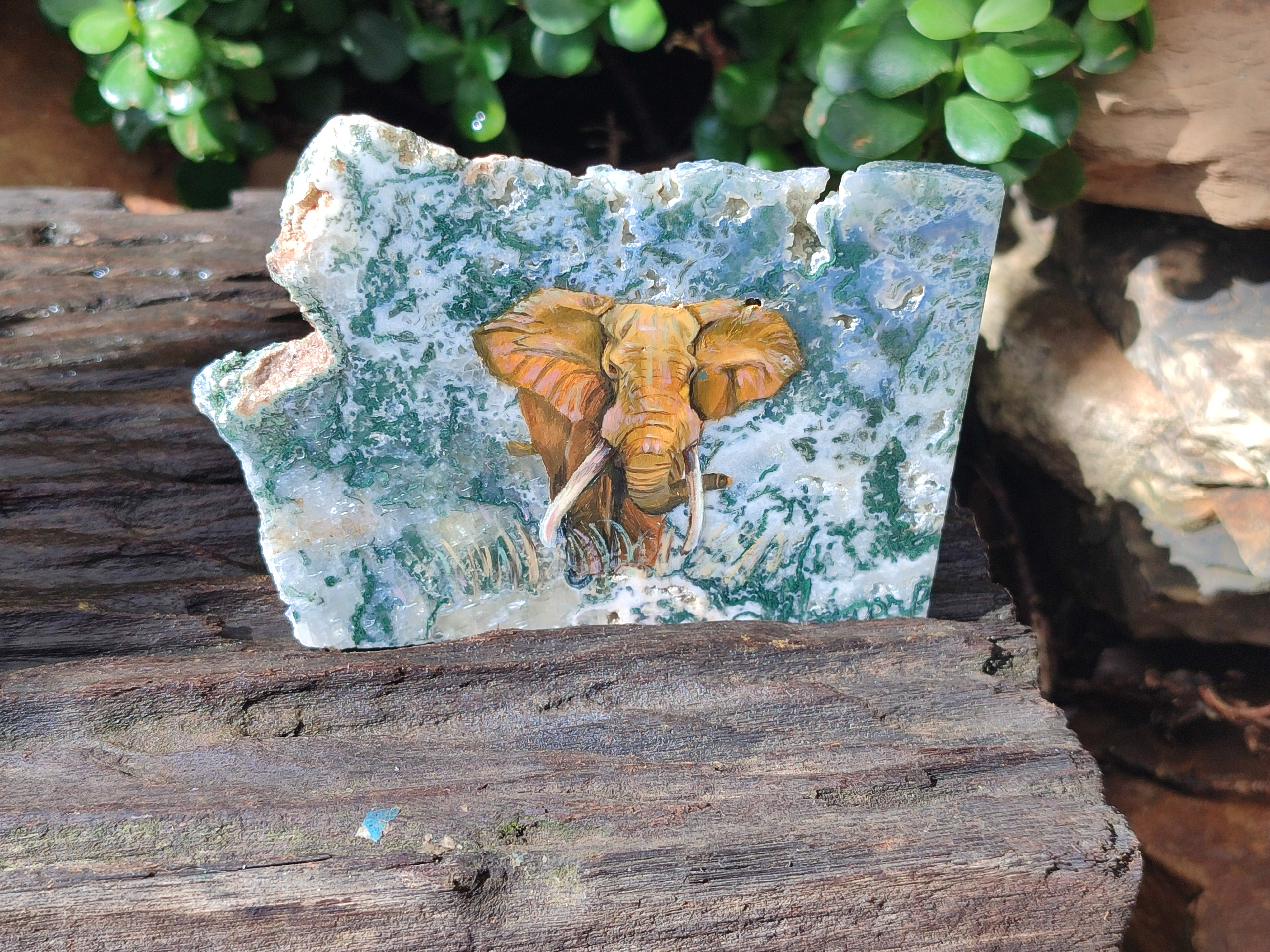 Hand Made Elephant Decoupage on Moss Agate Stone Slabs - Sold Per Item - From Mpumalanga, South Africa - Toprock Gemstones and Minerals 
