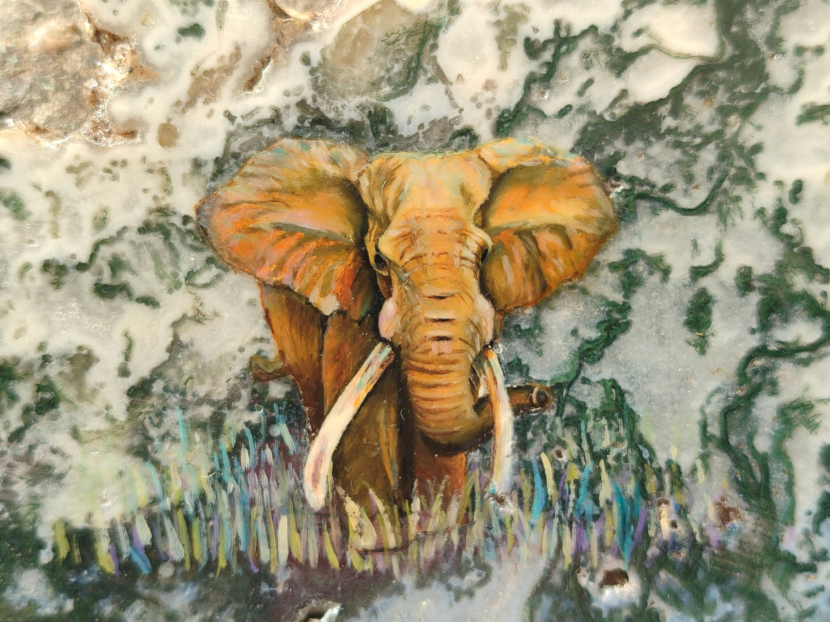 Hand Made Elephant Decoupage on Moss Agate Stone Slabs - Sold Per Item - From Mpumalanga, South Africa - Toprock Gemstones and Minerals 