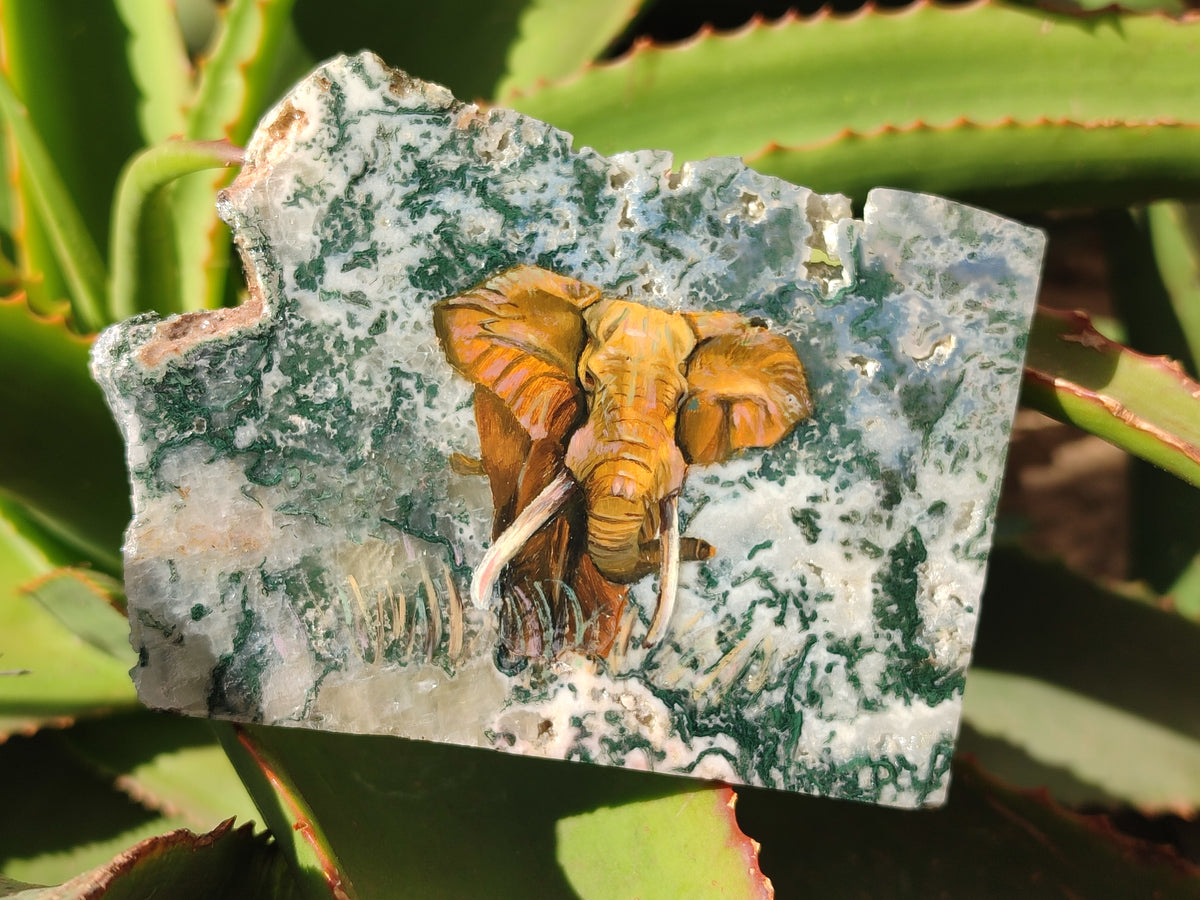 Hand Made Elephant Decoupage on Moss Agate Stone Slabs - Sold Per Item - From Mpumalanga, South Africa - Toprock Gemstones and Minerals 