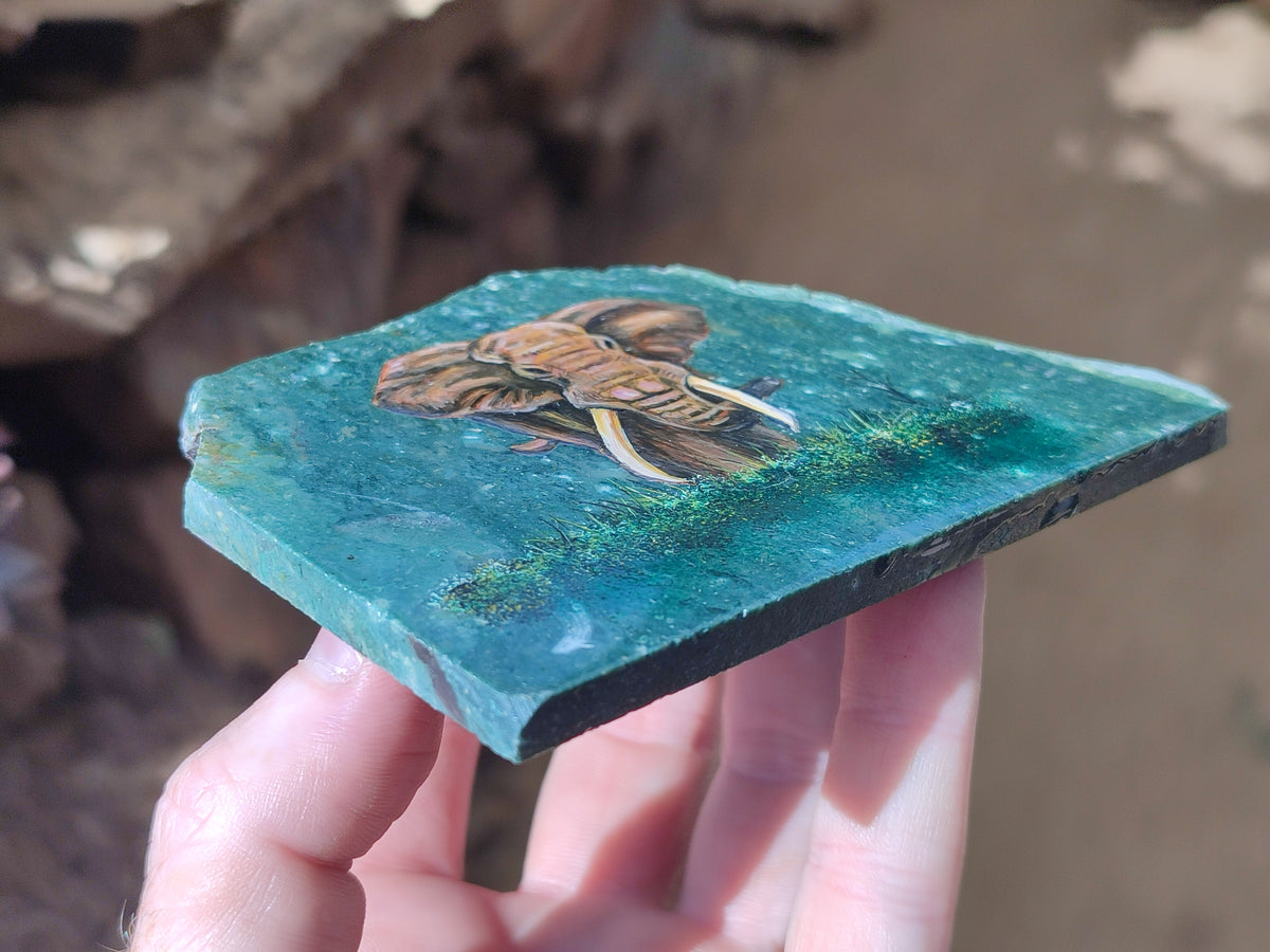 Hand Made Elephant Decoupage on Moss Agate Stone Slabs - Sold Per Item - From Mpumalanga, South Africa - Toprock Gemstones and Minerals 