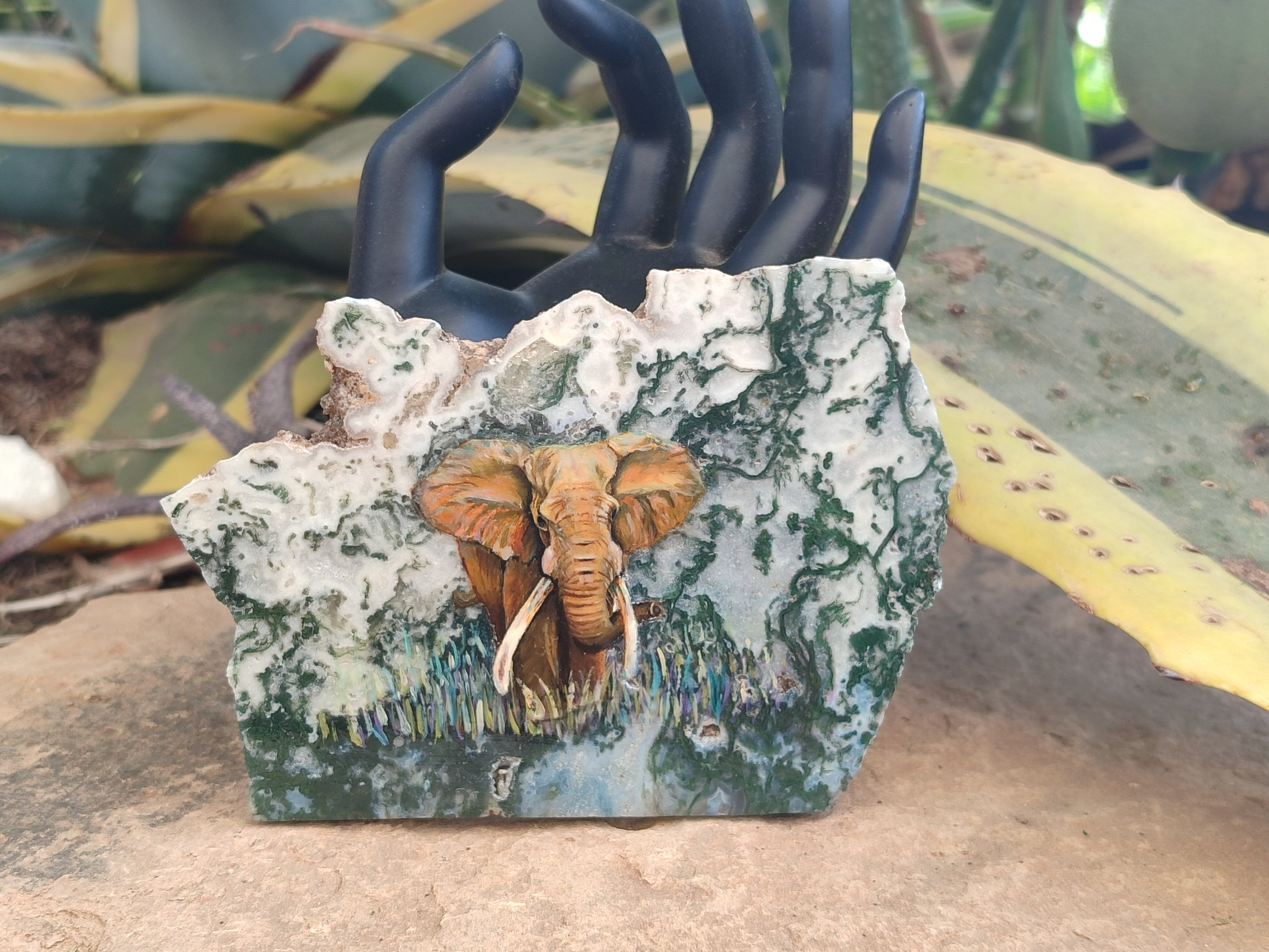 Hand Made Elephant Decoupage on Moss Agate Stone Slabs - Sold Per Item - From Mpumalanga, South Africa - Toprock Gemstones and Minerals 