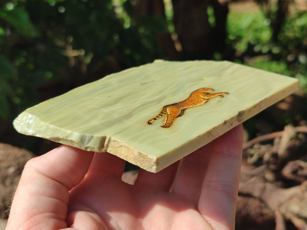 Hand Made Cheetah Decoupage on Butter Jade Stone Slabs - sold per item - From South Africa - Toprock Gemstones and Minerals 
