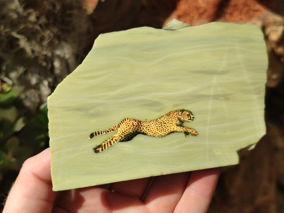 Hand Made Cheetah Decoupage on Butter Jade Stone Slabs - sold per item - From South Africa - Toprock Gemstones and Minerals 