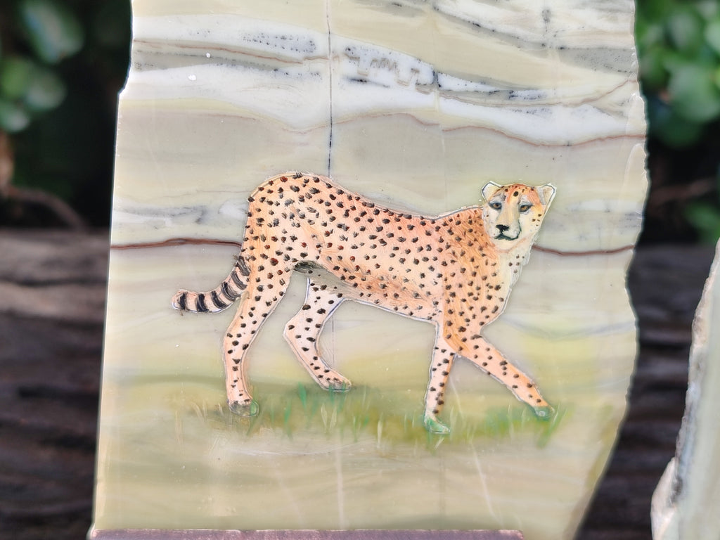 Hand Made Cheetah Decoupage on Butter Jade Stone Slabs - sold per item - From South Africa - Toprock Gemstones and Minerals 