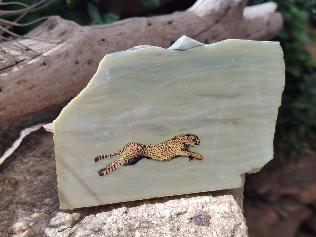 Hand Made Cheetah Decoupage on Butter Jade Stone Slabs - sold per item - From South Africa - Toprock Gemstones and Minerals 