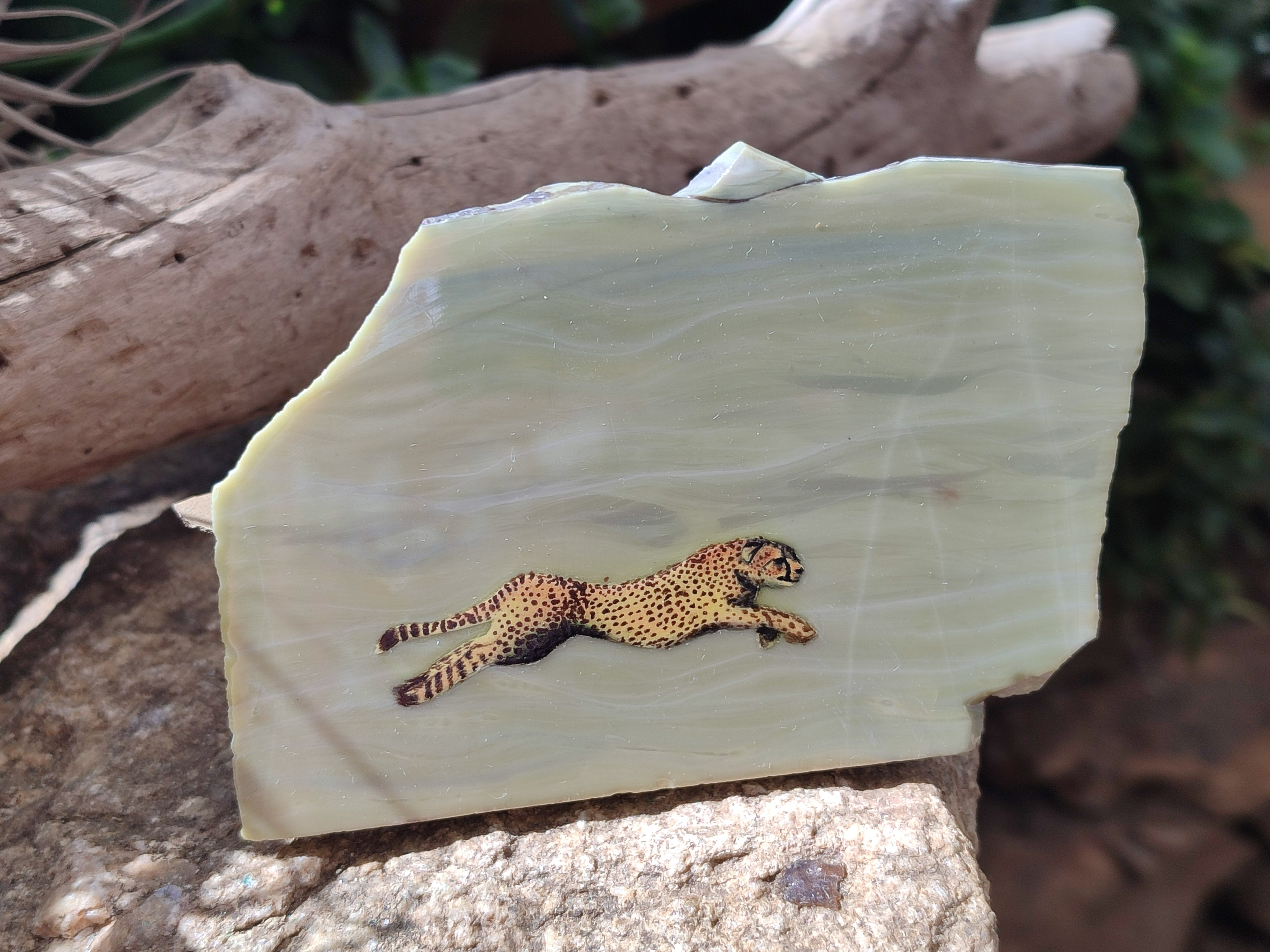 Hand Made Cheetah Decoupage on Butter Jade Stone Slabs - sold per item - From South Africa - Toprock Gemstones and Minerals 