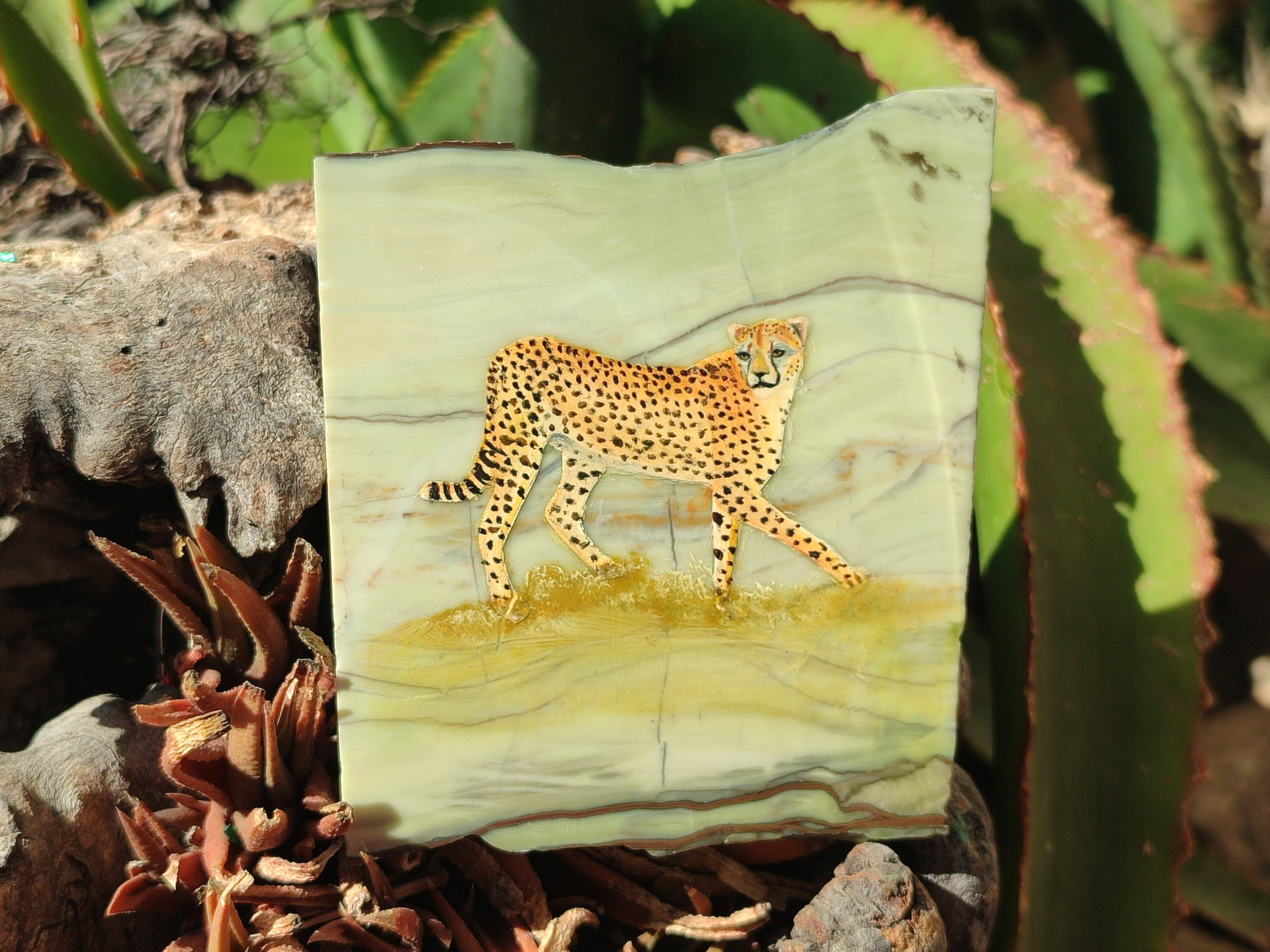 Hand Made Cheetah Decoupage on Butter Jade Stone Slabs - sold per item - From South Africa - Toprock Gemstones and Minerals 