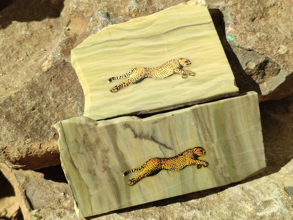 Hand Made Cheetah Decoupage on Butter Jade Stone Slabs - sold per item - From South Africa - Toprock Gemstones and Minerals 