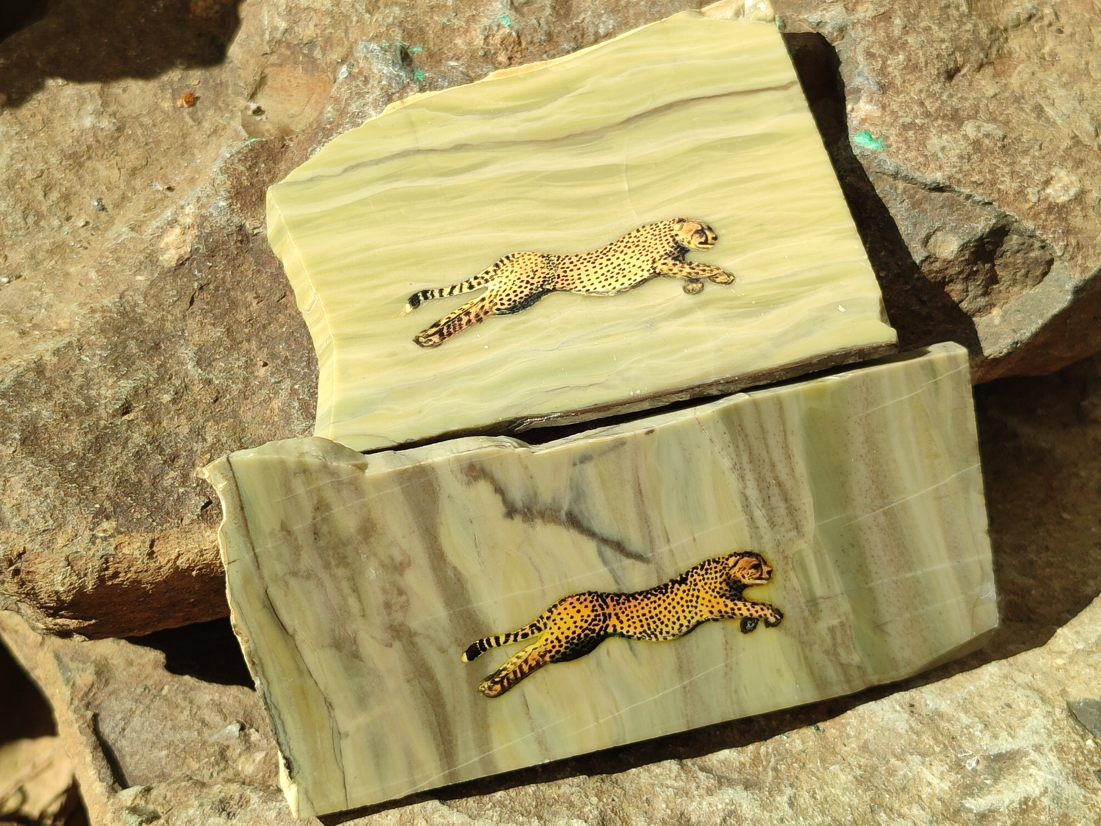 Hand Made Cheetah Decoupage on Butter Jade Stone Slabs - sold per item - From South Africa - Toprock Gemstones and Minerals 
