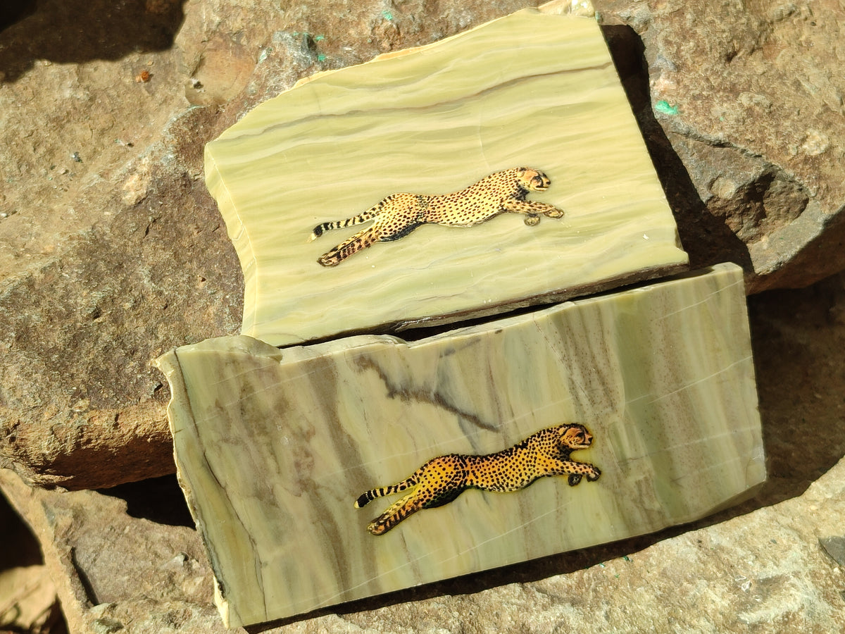 Hand Made Cheetah Decoupage on Butter Jade Stone Slabs - sold per item - From South Africa - Toprock Gemstones and Minerals 