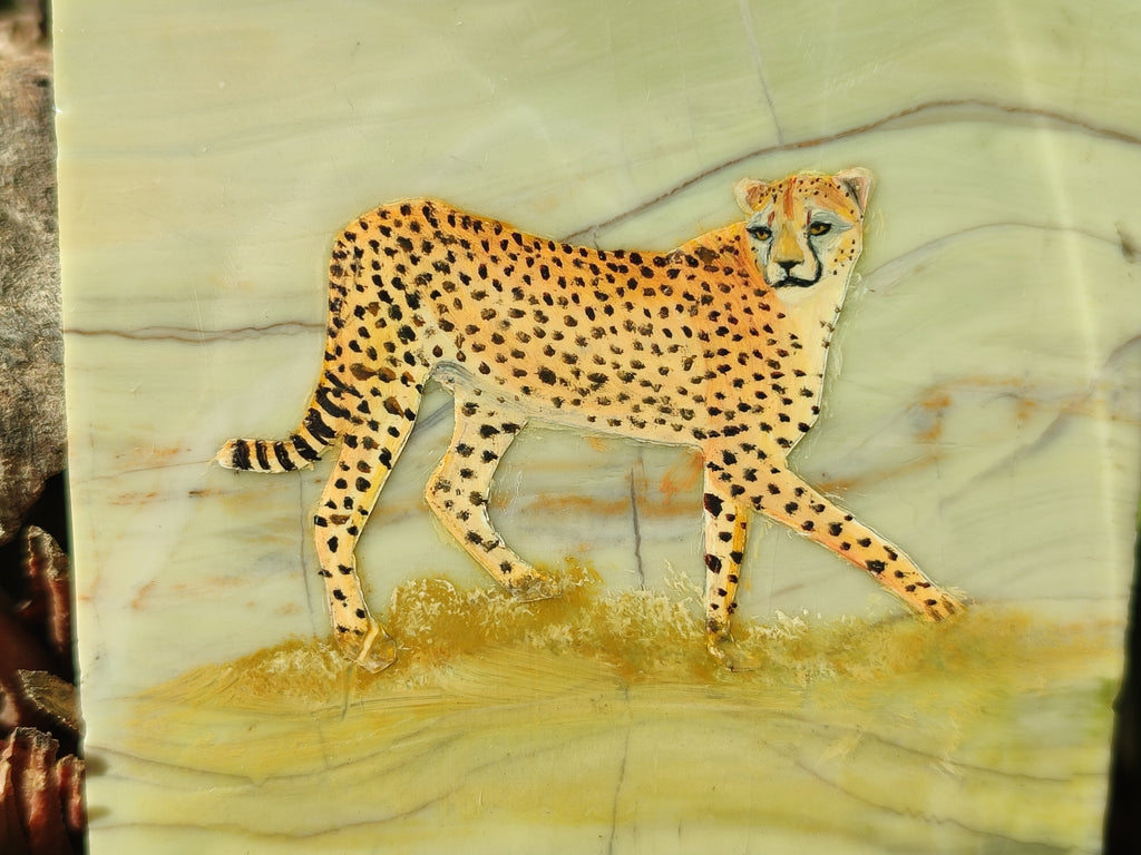 Hand Made Cheetah Decoupage on Butter Jade Stone Slabs - sold per item - From South Africa - Toprock Gemstones and Minerals 