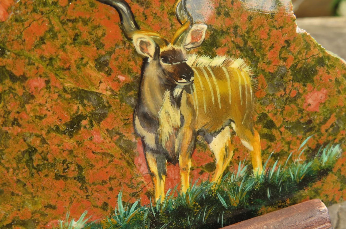 Hand Made Kudu Buck Decoupage on Unakite Stone Slabs - sold per item - From Southern Africa - Toprock Gemstones and Minerals 