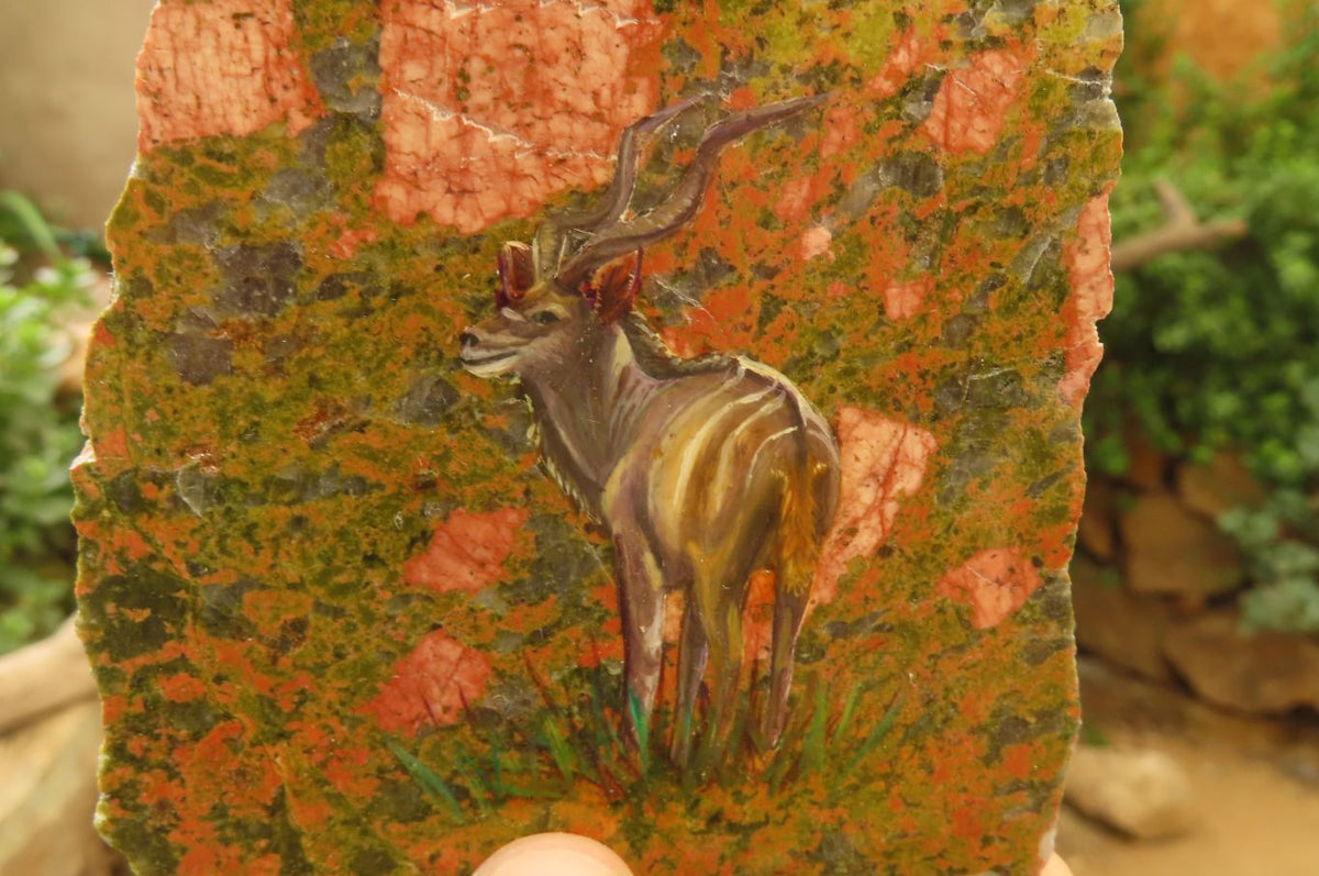 Hand Made Kudu Buck Decoupage on Unakite Stone Slabs - sold per item - From Southern Africa - Toprock Gemstones and Minerals 