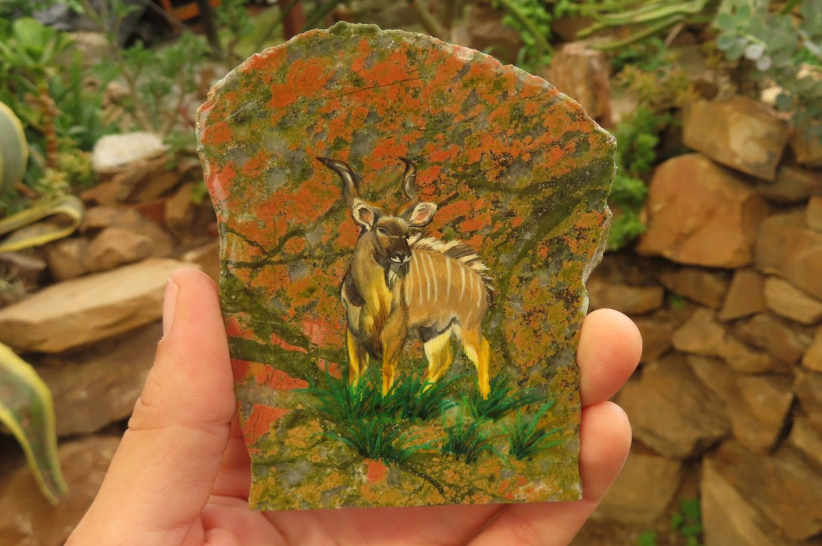 Hand Made Kudu Buck Decoupage on Unakite Stone Slabs - sold per item - From Southern Africa - Toprock Gemstones and Minerals 