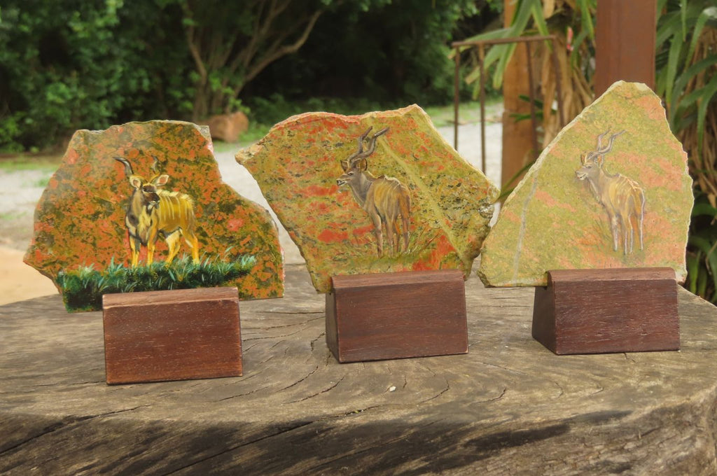 Hand Made Kudu Buck Decoupage on Unakite Stone Slabs - sold per item - From Southern Africa - Toprock Gemstones and Minerals 