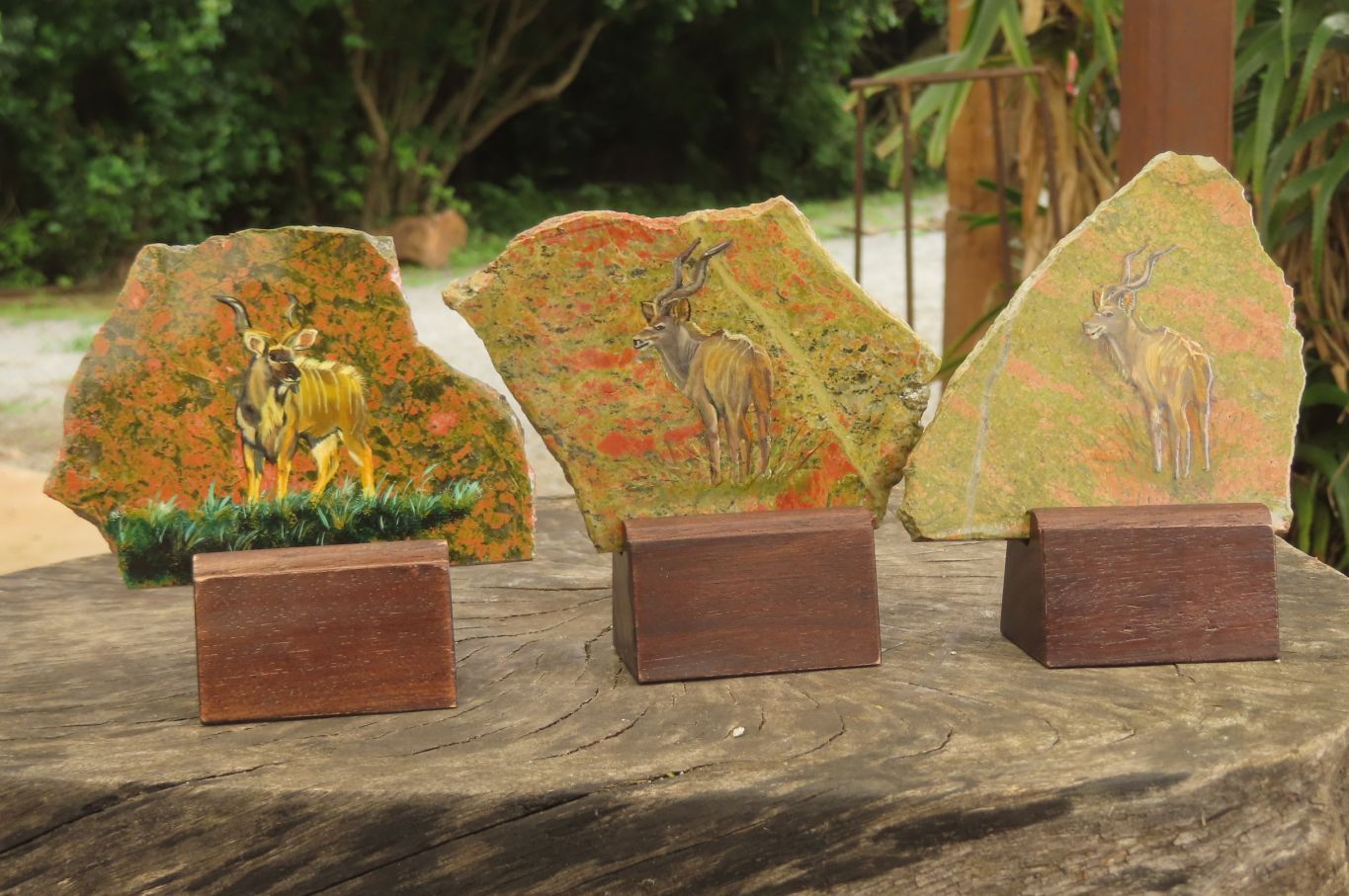 Hand Made Kudu Buck Decoupage on Unakite Stone Slabs - sold per item - From Southern Africa - Toprock Gemstones and Minerals 