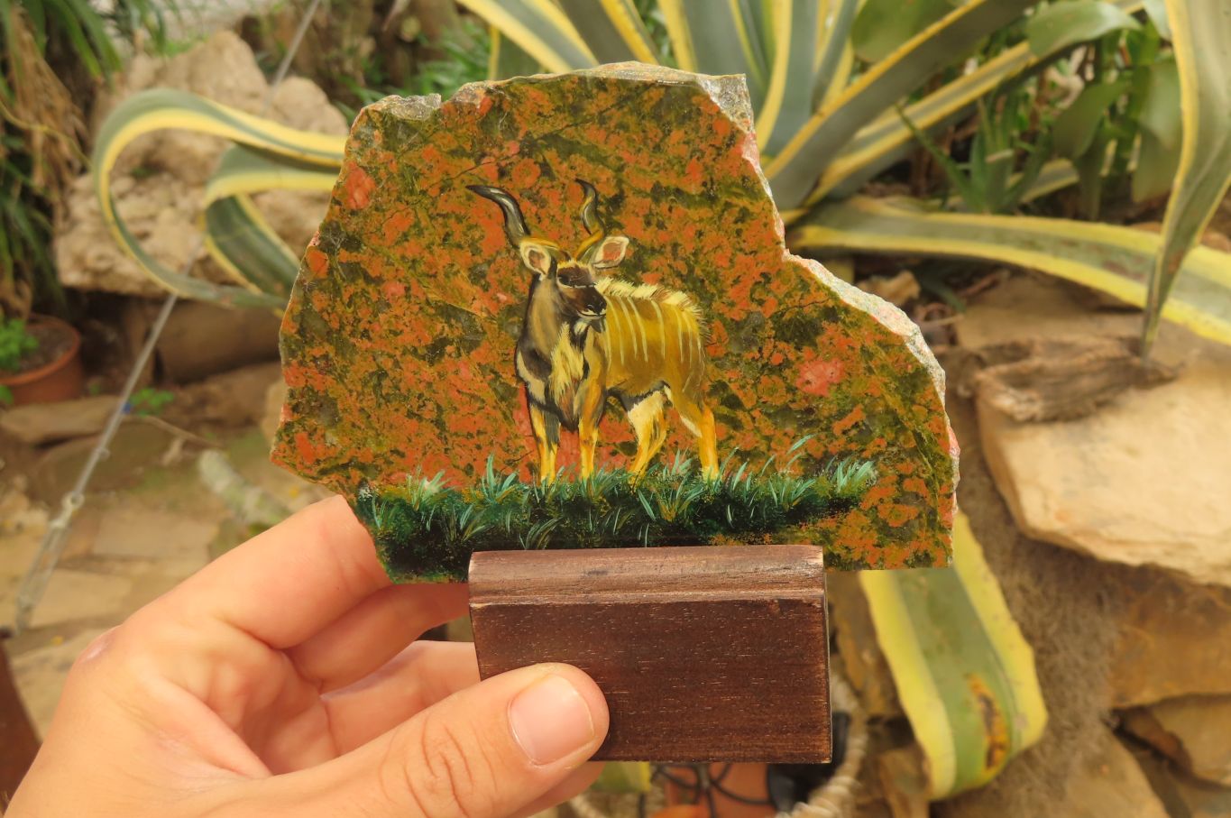 Hand Made Kudu Buck Decoupage on Unakite Stone Slabs - sold per item - From Southern Africa - Toprock Gemstones and Minerals 