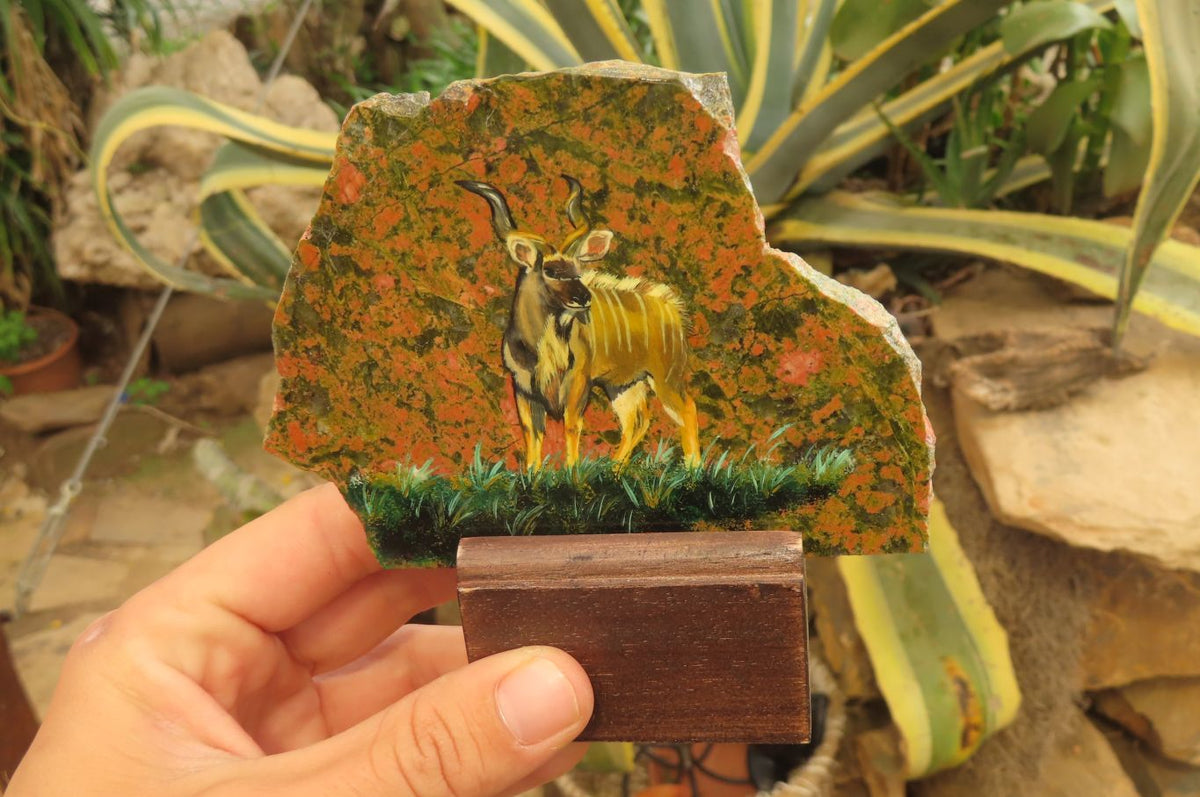Hand Made Kudu Buck Decoupage on Unakite Stone Slabs - sold per item - From Southern Africa - Toprock Gemstones and Minerals 
