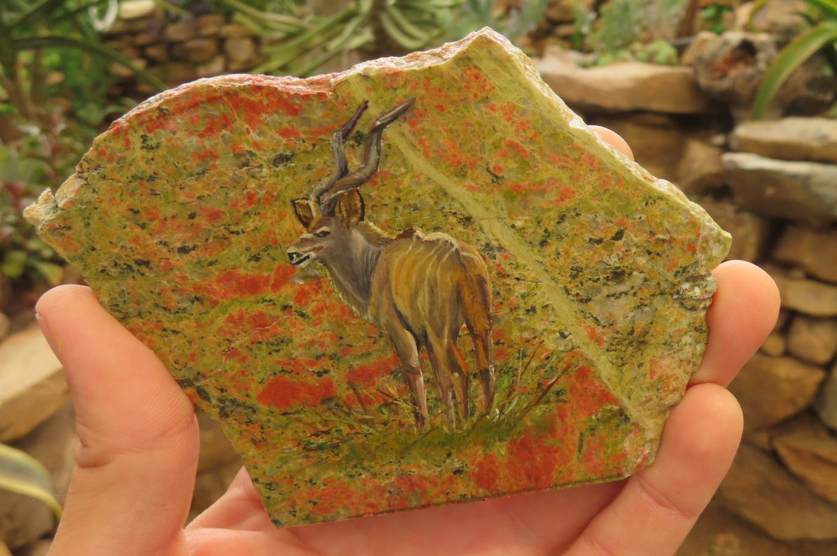 Hand Made Kudu Buck Decoupage on Unakite Stone Slabs - sold per item - From Southern Africa - Toprock Gemstones and Minerals 