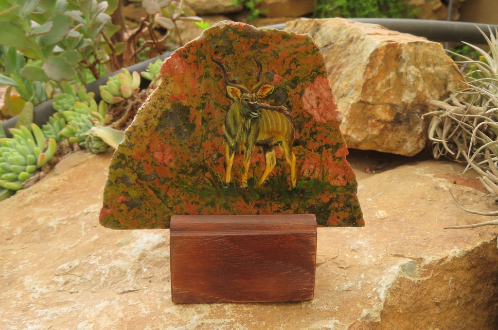 Hand Made Kudu Buck Decoupage on Unakite Stone Slabs - sold per item - From Southern Africa - Toprock Gemstones and Minerals 