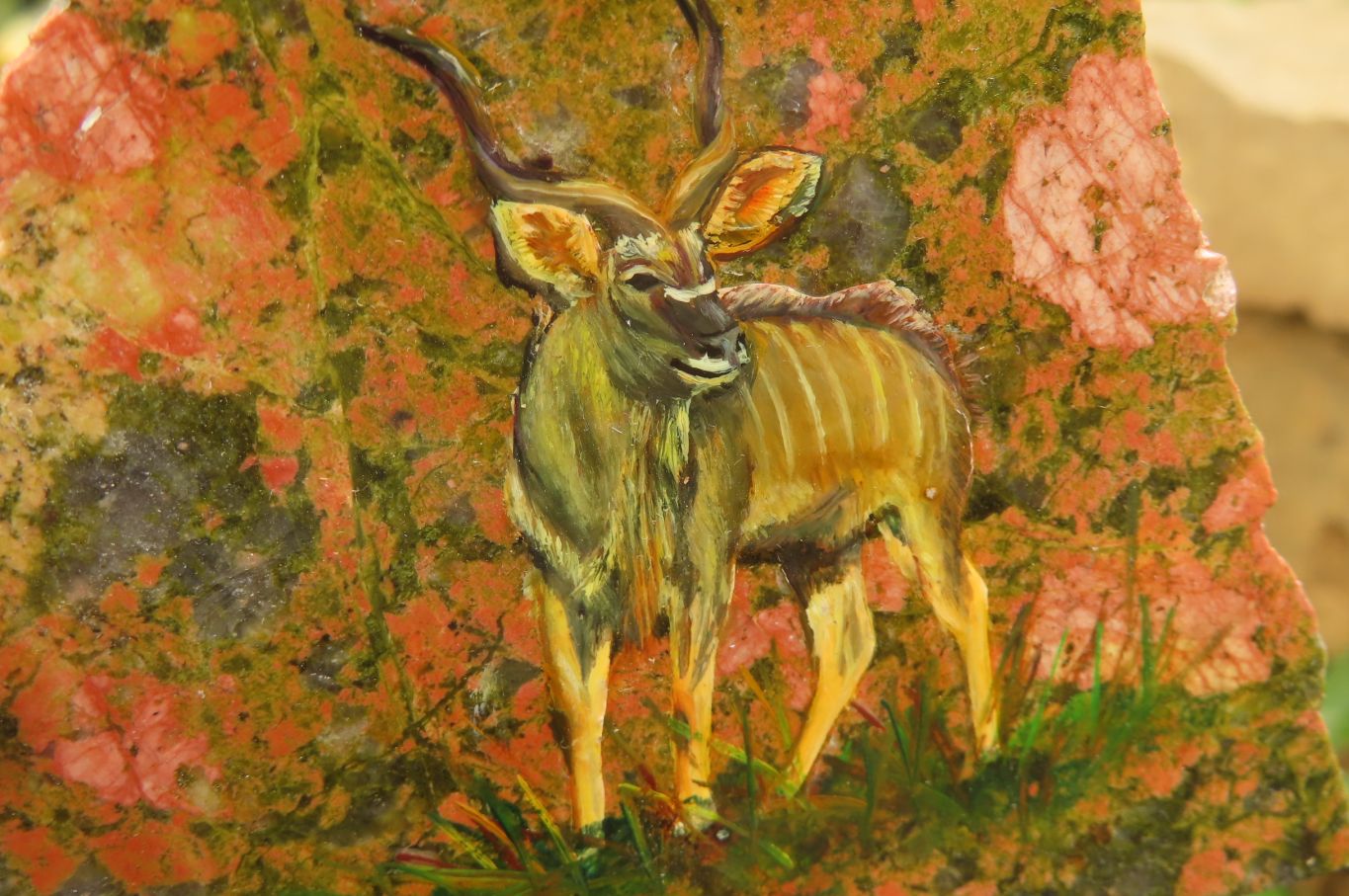 Hand Made Kudu Buck Decoupage on Unakite Stone Slabs - sold per item - From Southern Africa - Toprock Gemstones and Minerals 