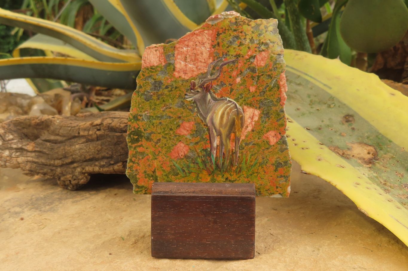 Hand Made Kudu Buck Decoupage on Unakite Stone Slabs - sold per item - From Southern Africa - Toprock Gemstones and Minerals 